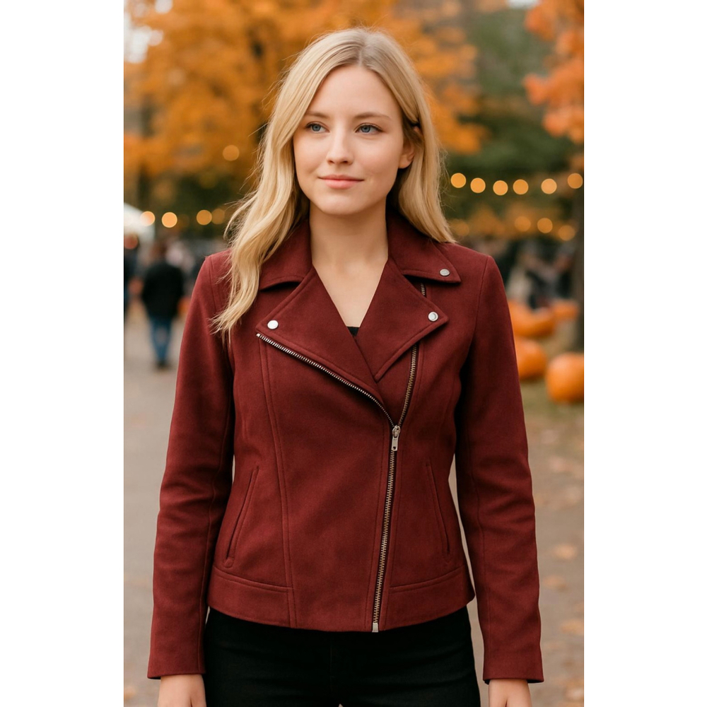Old Navy Burgundy Faux Suede Moto Jacket Sm Chic Edgy City Girl Biker Streetwear